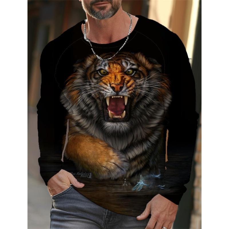 Tiger Print Pullover Autumn Men's Casual Long Sleeve T-shirt Top Round Neck Sweatshirt Streetwear Harajuku Men's Wear