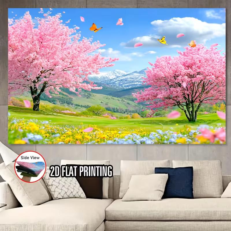 2D Bunte Schmetterlinge und Kirschblütenbäume in einer grünen Frühlingslandschaft