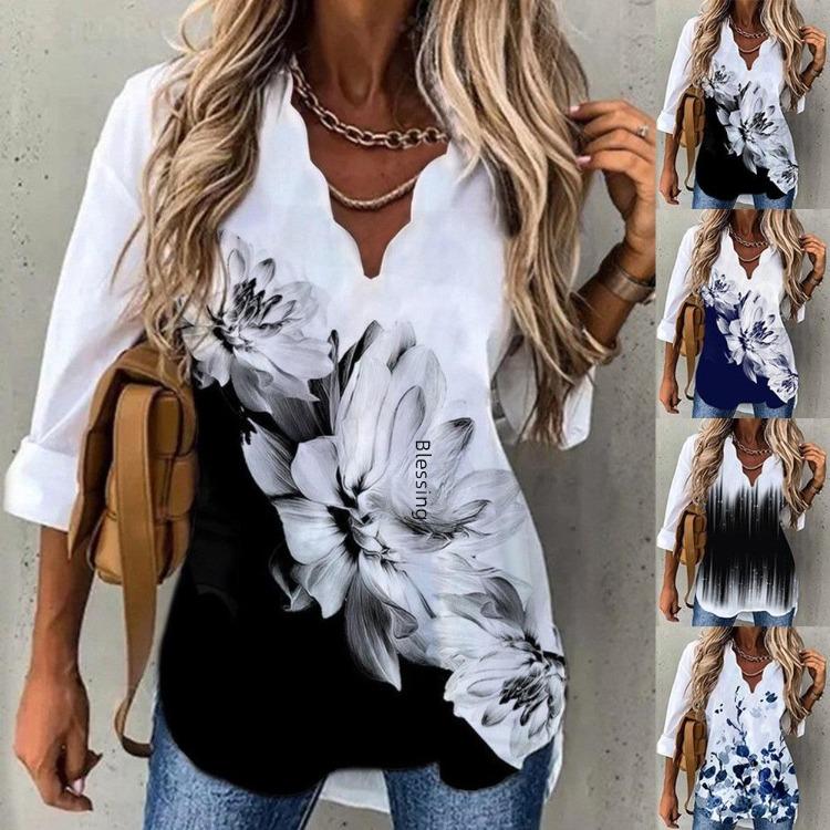 European American Women Printed Long Sleeve Shirt with Wave Collar Summer