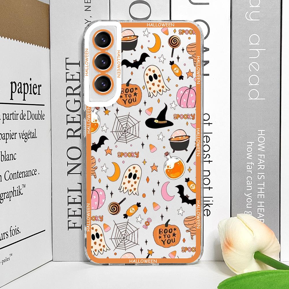 Cartoon Halloween Pumpkin Ghost Bat Phone Case for Samsung Galaxy S25 S24 S23 Ultra S22 S21 S20 Plus S24FE A55 A54 5G Soft Cover
