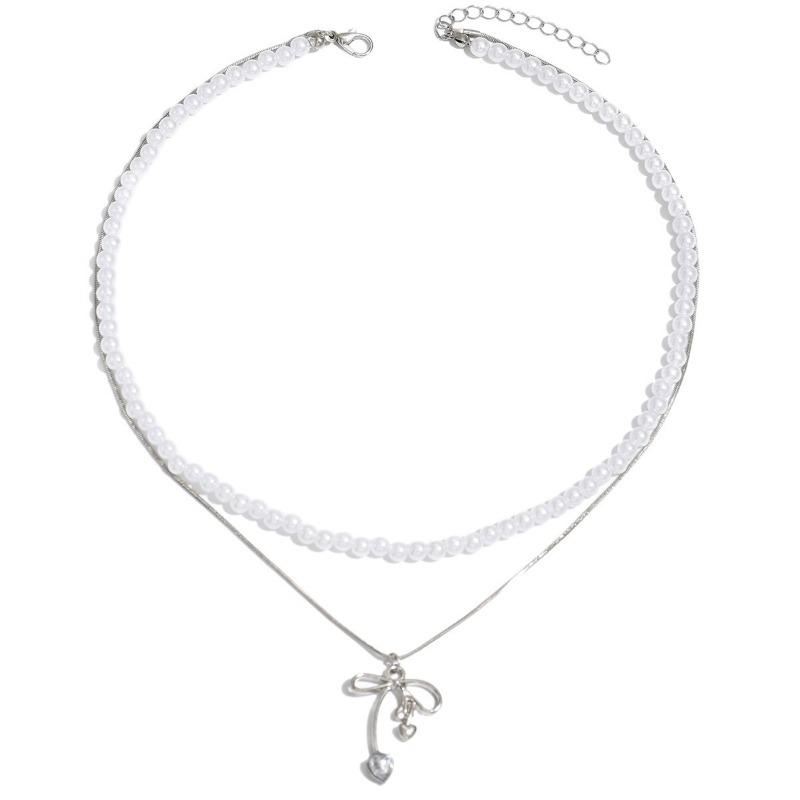 Stacked Pearl Necklace Retro Necklace Light Luxury High Sense Bow Collarbone Chain Women