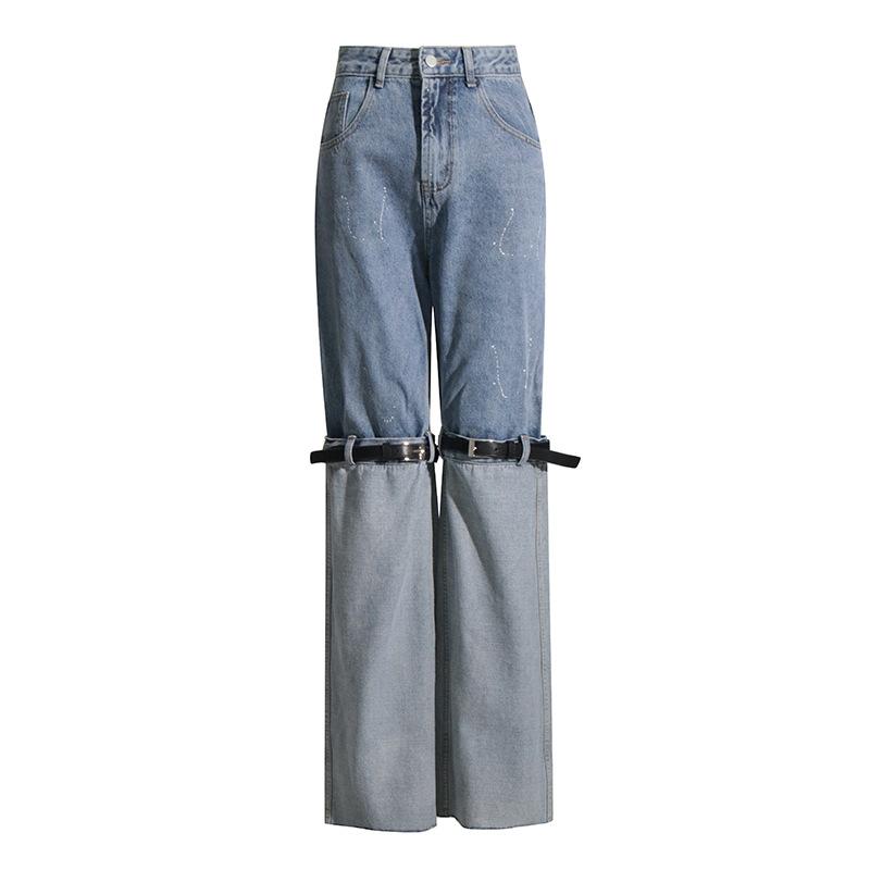 Autumn Fashion Personality High Waist Skinny Contrast Color Splicing Design Sense Slightly Stretched Wide Leg Jeans Women