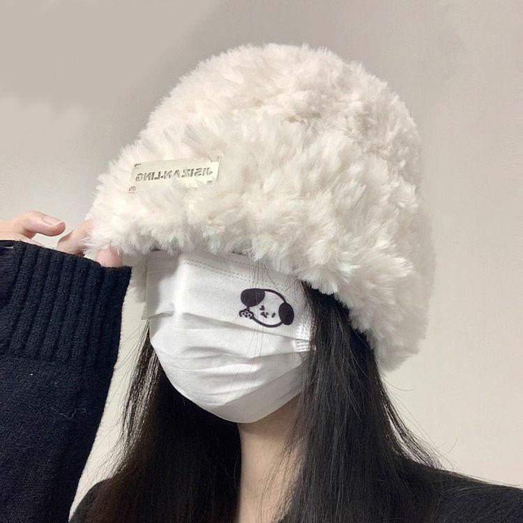 Wool Hat for Autumn and Winter Women's Versatile Knitted Bag Headset Showing Face Small Warm White Plush Cold Hat Big Head Circumference