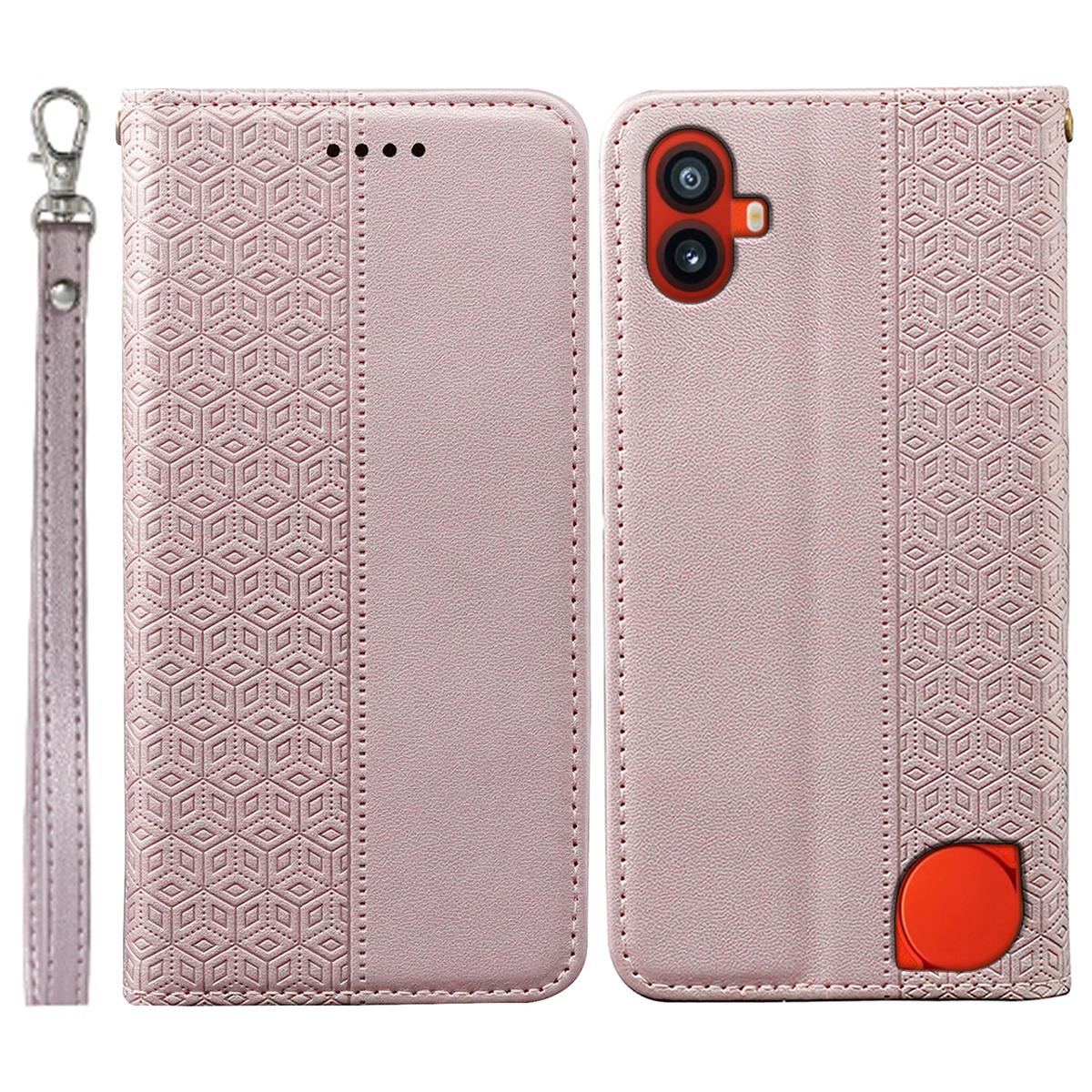 

For Nothing CMF Phone 1 Wallet Phone Case Strong Magnetic Checkered Pattern Imprint Leather Flip Cover Rose Gold