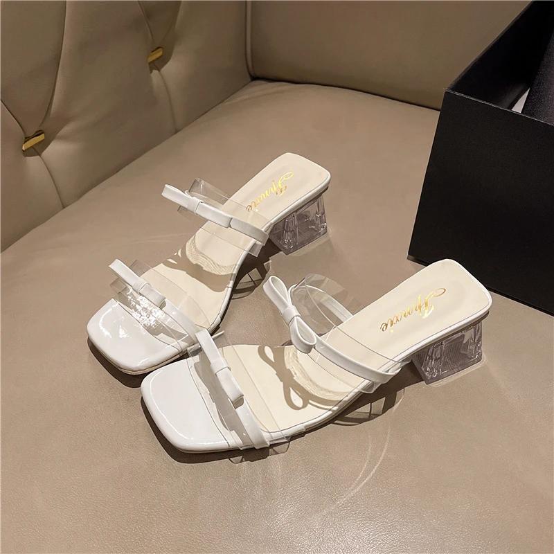 

Fashion Knot Thi Heel Slippers Summer New Fairy Sle One Strap Crystal mid Heel Match Skirt Cool Slippers Breathable 35