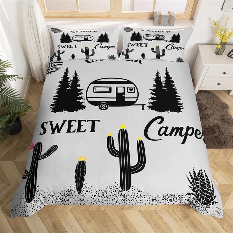 Camping Bettbezug Mikrofaser Galaxie Sterne Mond Happy Camping Bettdeckenbezug Camper Truck Geometrie Berg Bäume Bettwäscheset