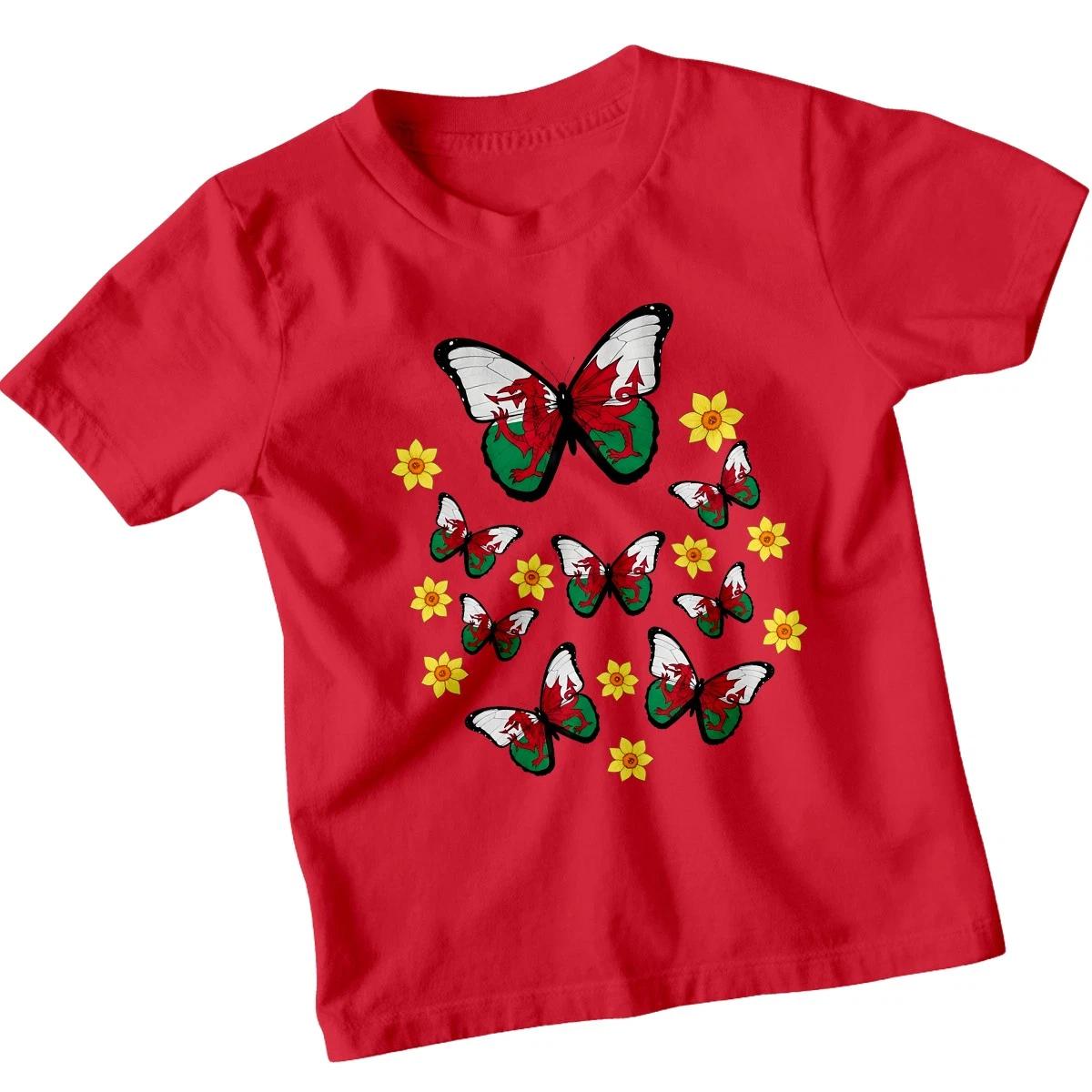 Welsh Flag Butterflies Wales Culture Travel Kids T-Shirt National Symbols 130