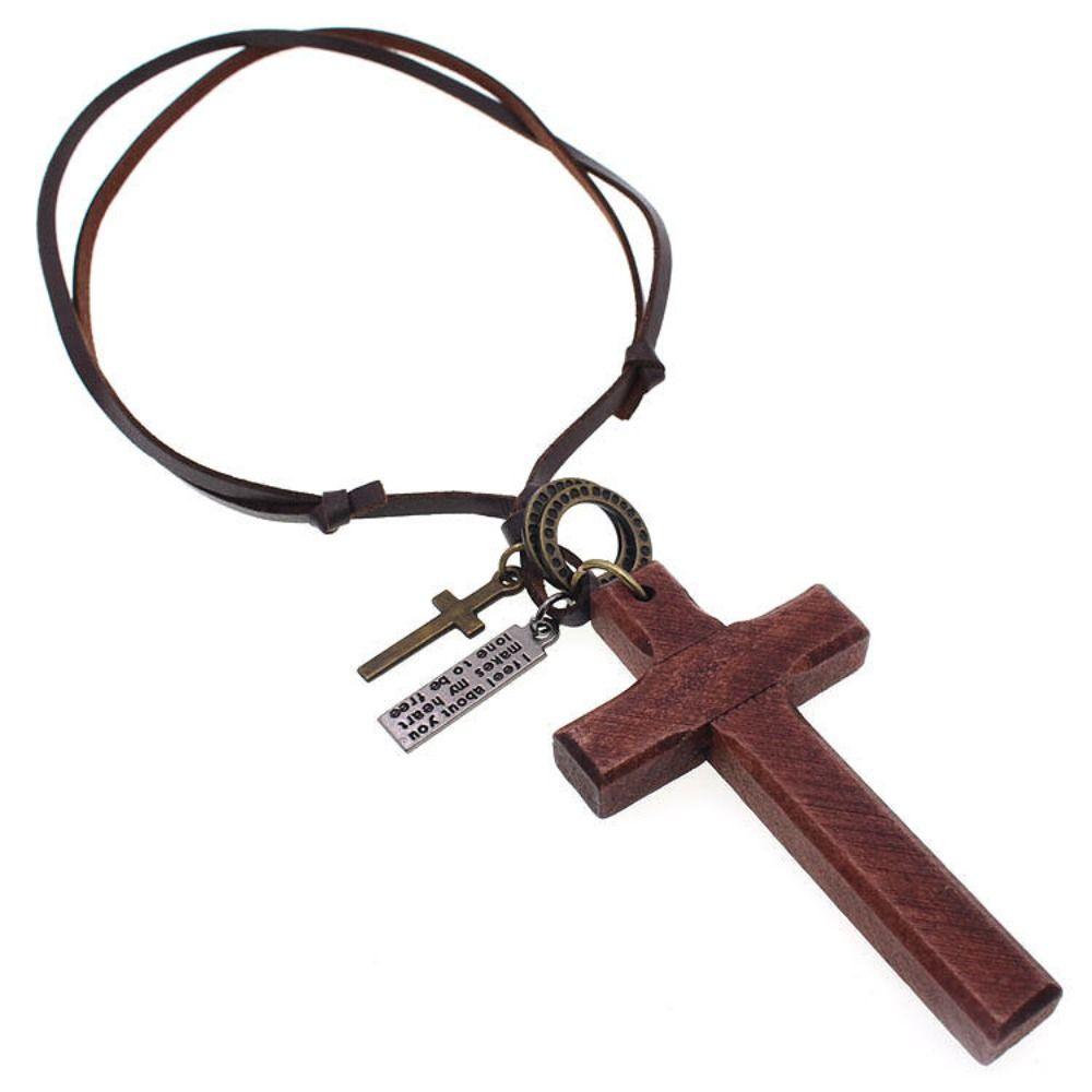 Metal Tags Wood Cross Necklace Religious Crucifix Pendant Chain Handmade Cross Necklace  Women