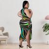 MY898 Plus Size Womens Knit Midi Dress 2025 Floral Print Sleeveless Wrap Front Bodycon Curvy Figures