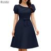 ZANZEA Women Casual Square Collar Summer Short Sleeve Pleated Dress