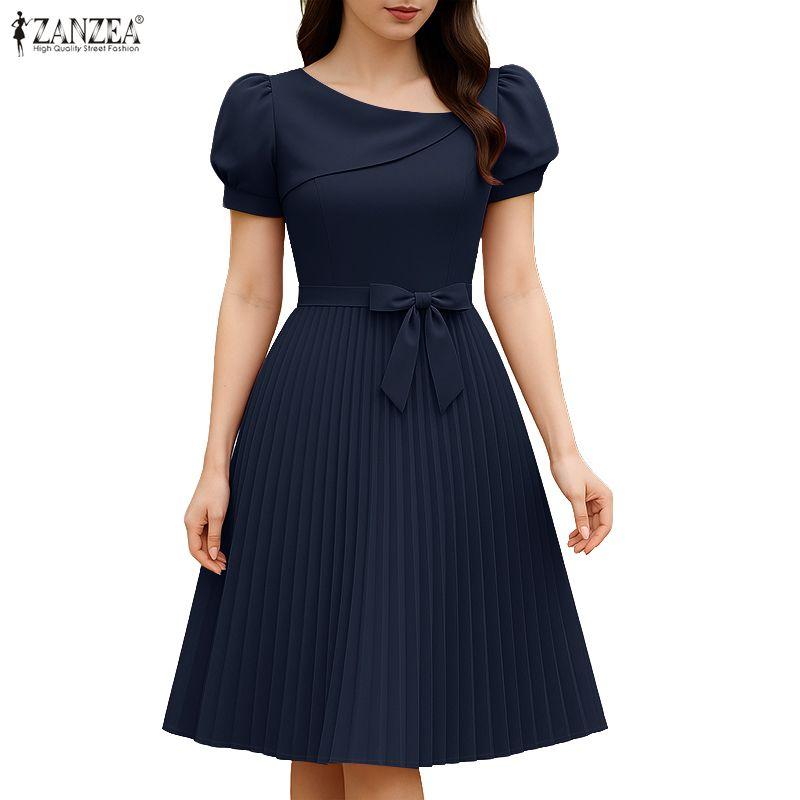 ZANZEA Women Casual Square Collar Summer Short Sleeve Pleated Dress