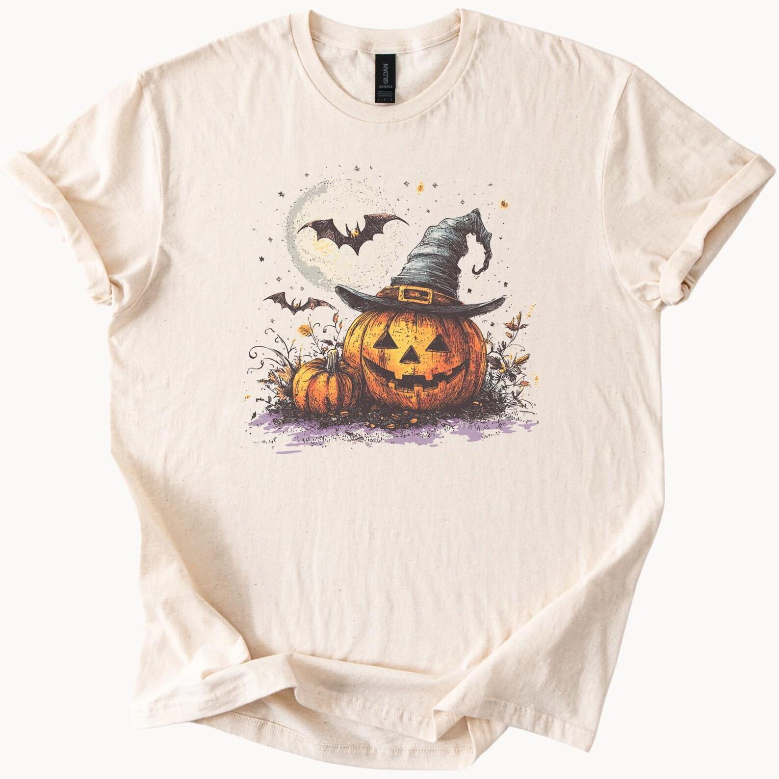 Halloween Pumpkin Witch Hat Shirt Jack O Lantern Graphic Tee with Bats and Full Moon Fall Halloween Shirt Spooky Pumpkin T Shirt 100