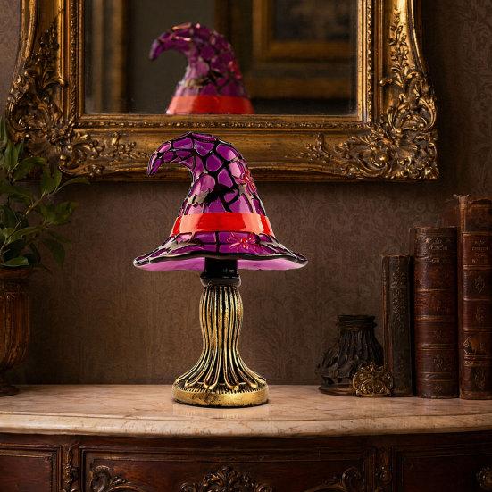 Halloweenový čarodějnický klobouk Stolní lampa, USB vitrážová čarodějnická klobouková lampa, Vintage gotický kouzelnický klobouk Dekorativní noční světlo pro domov, ložnici