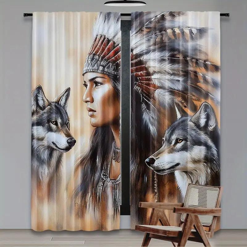 Tribal Chief Printed Curtains Pole Bag Polyester Material Design Bedroom Home Decoration Curtain Set Of 2 Made Washable Master Ready