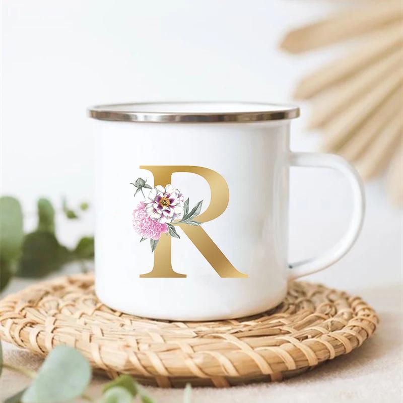 Letter Floral Print Vintage Enamel Mugs Creative Coffee Tea Cup Drink Dessert Milk Cups Handle Drinkware Wedding Bridesmaid Gift
