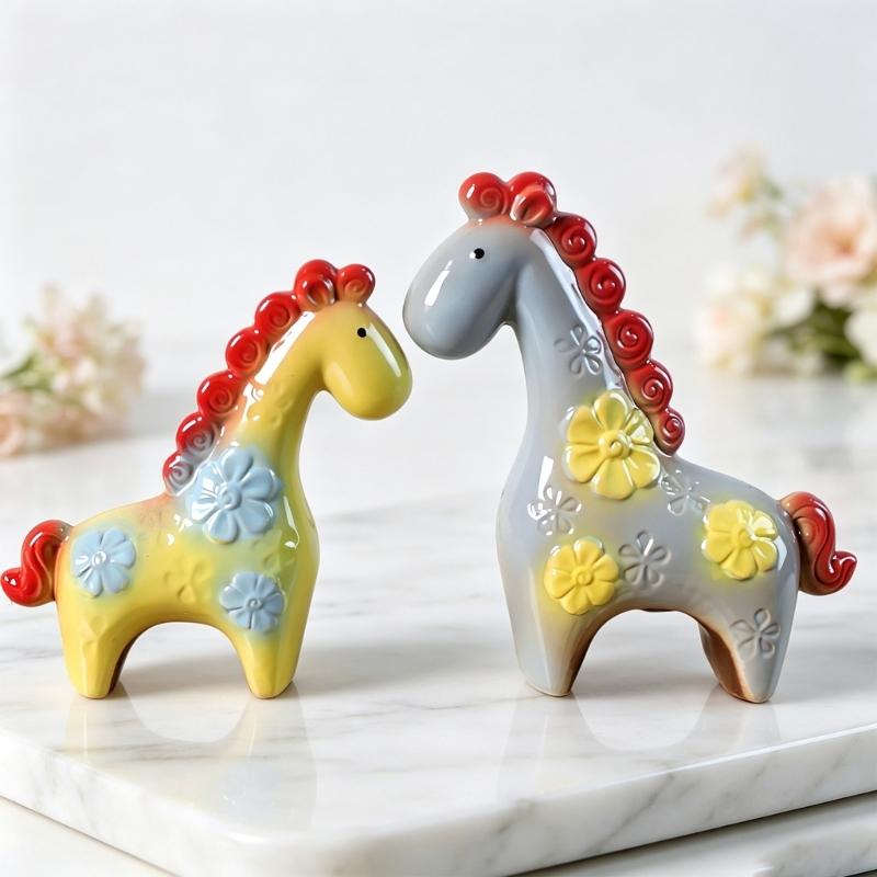 2 Pack Glazed Ceramic Decors Farm Animal Figurine Floral Textured Table Accent for Shelf Cabinet Entryway Living Room and Desk Display