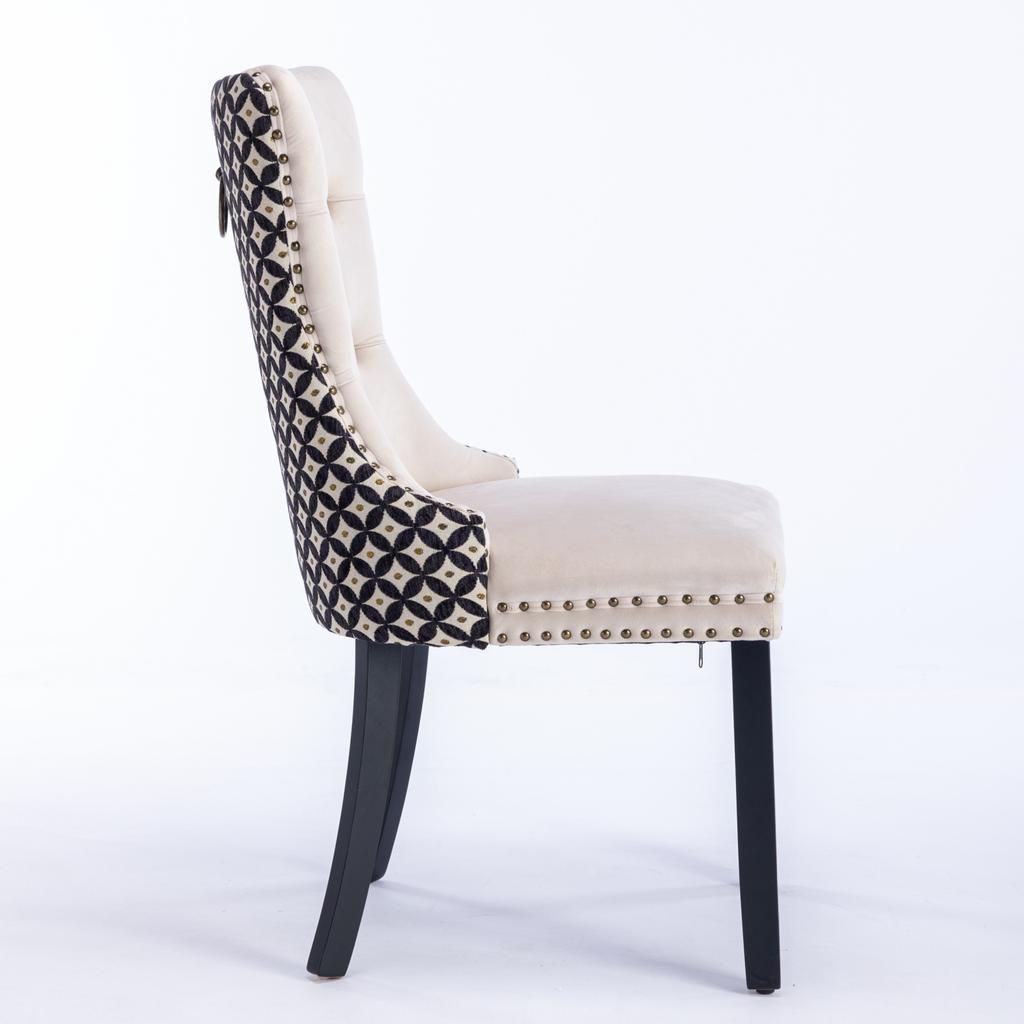 Dining Chairs Set of 2, Hand-Tufted Velvet, Back with Gold Thread Geometric Pattern, Nailhead Trim & Metal Pull Ring, Solid Wood Legs, DE2201BG