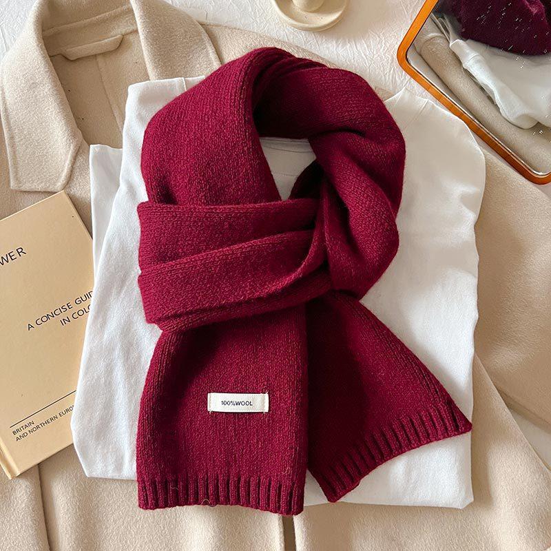 Australian Wool Small Scarf Women'S Winter Solid Color Knitted Scarf Korean Version Thickened Warm Neck Protection