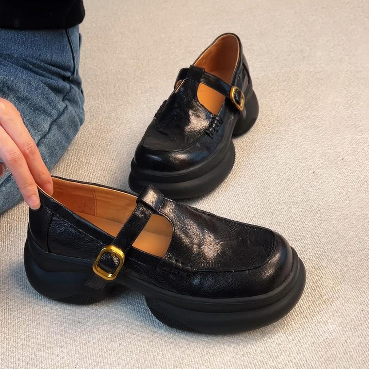 

Версия из овчины~ ретро подошва-маффин Т-образная пряжка туфли Мэри Джейн с круглым носком женские увеличивающие рост кожаные одинарные туфли универсальные маленькие кожаные 40 чёрный