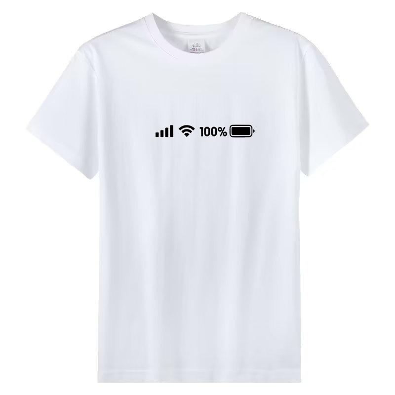 Low Battery 1% T-Shirt, Short Sleeve, Battery Full Signal Design, Pure Cotton, Couple Style, 2024 Collection, Large Size for Men