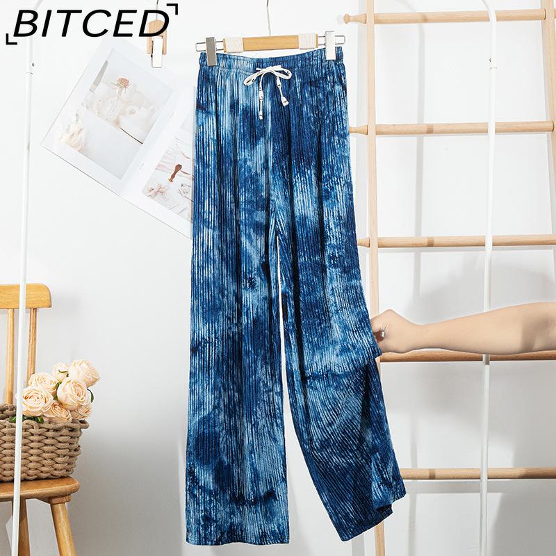 BITCED Tie-Dye Ice Silk Wide-Leg Trousers for Women Summer Lightweight High-Waisted Drape-Effect Colour-Printed Pleated Casual Floor-Length Trousers