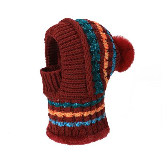 

Жіноча шапка з довгим шарфом Повний захист обличчя Тепла в язана Термофліс Зимова лижна шапка Кольорова клаптева Декор з помпоном Головний убір для холодної погоди вина червоного кольору