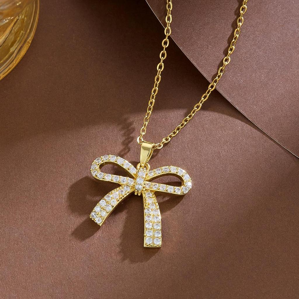 French Rhinestone Bow Necklace: Women's Stylish Niche Design, Shiny Versatile Clavicle Chain