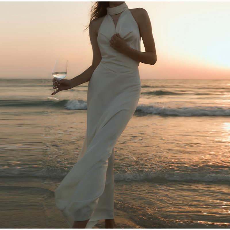 Women's Satin Sexy V-neck Temperament Halter Dress Summer New Slim Long Skirt Halter