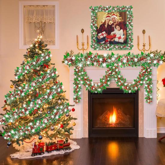 6.5ft Christmas Snowflake Tinsel Garland Faux Greenery Metallic Twist Garland for Indoor Outdoor Porch Window Fireplace Wall Holiday Decor