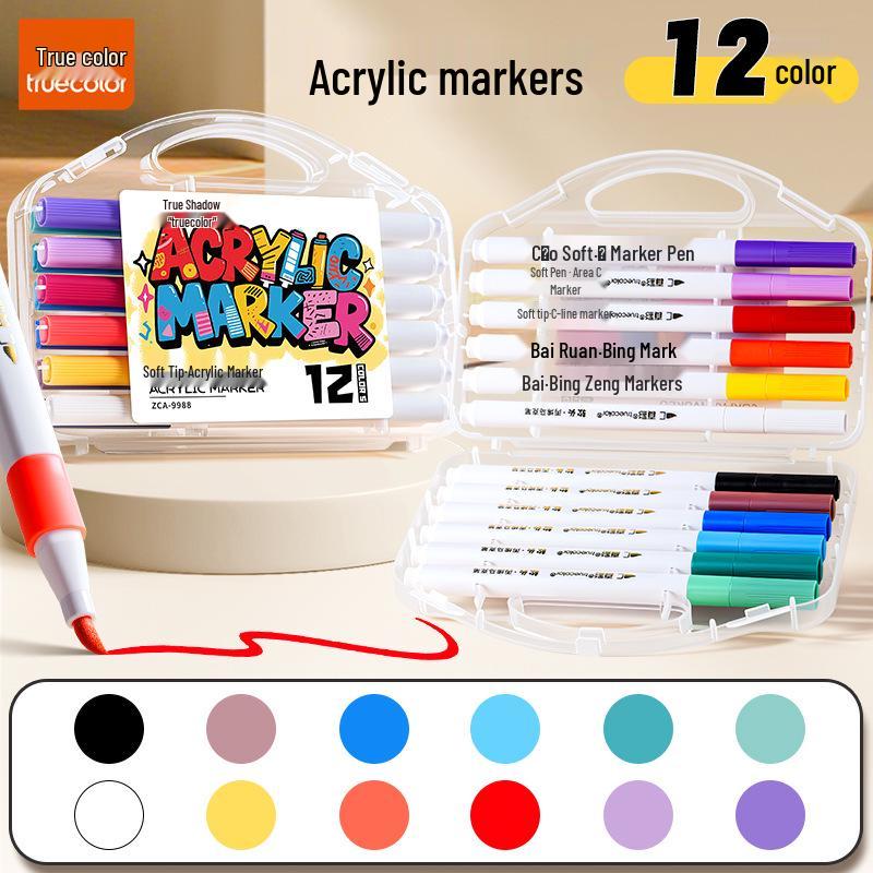 True Color Soft Tip Acrylic Markers & Drawing Brushes for Kids, Non-Bleeding, Stackable Colors, Black Box Colored Pencils