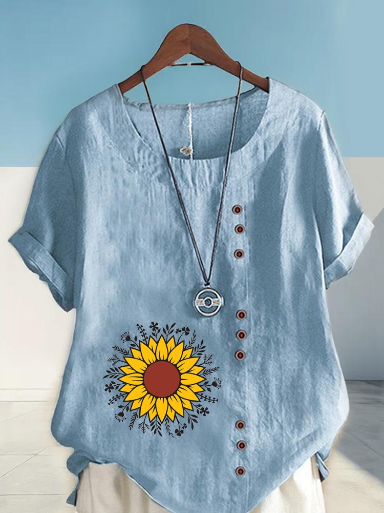 Women's Fashion Sunflower Flowers Print Shot Sleeve T-shirt Loose Cotton Shirt Casual Loose Summer Blouse Tops Plus Size