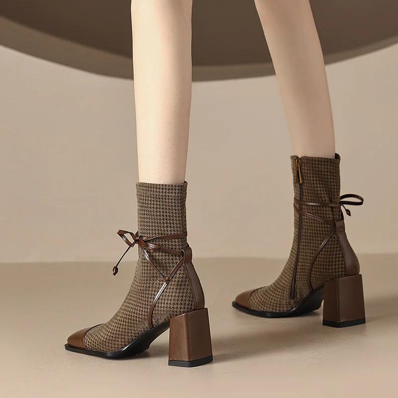 Fashion 2024 New French Style Square Toe Chunky Heel High Heeled Short Boots for Women Autumn Winter Single Boots Women Womens Boots