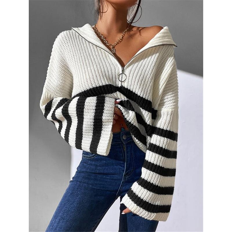 Loose Sweater Women Long Flare Sleeve Striped Zipper Stand Collar Knit Autumn Winter Thicken Warm Pullover
