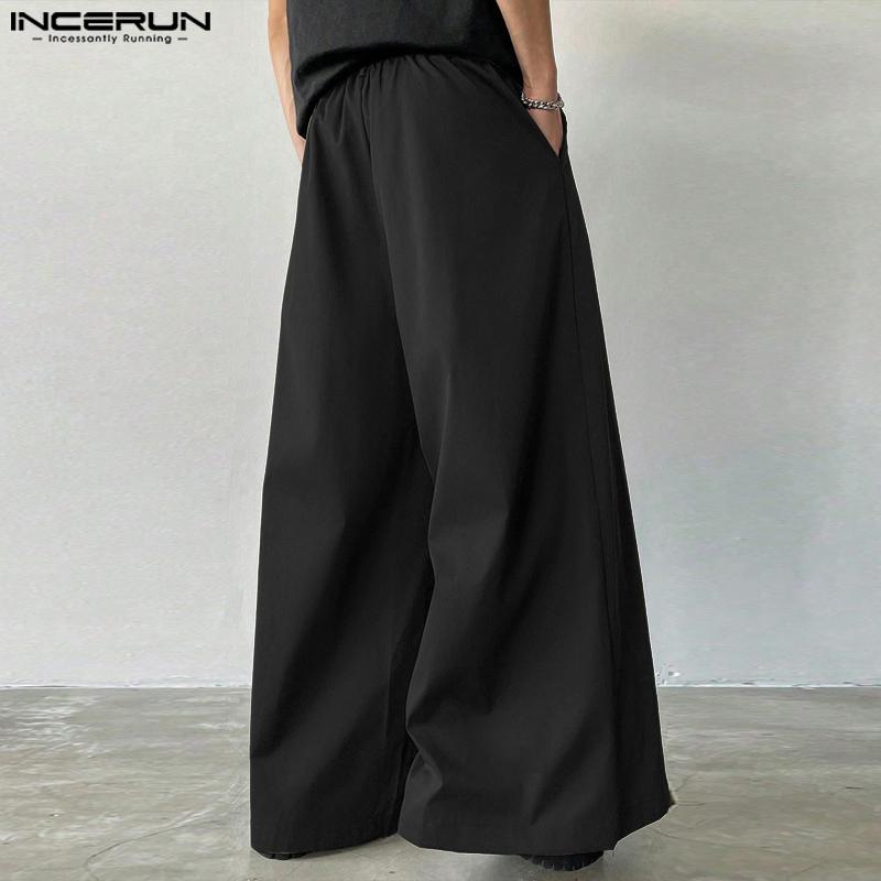 INCERUN Men Zip-up Elastic High Waist Trousers Casual Long Wide Legs Pants