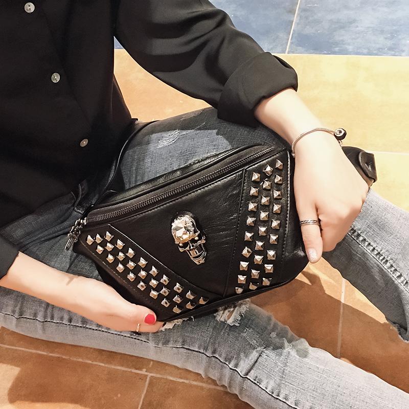 Chest Bag for Women Crossbody Punk Style Rivet Skull Waist Bag Women Black Fanny Pack Leather Great Quality