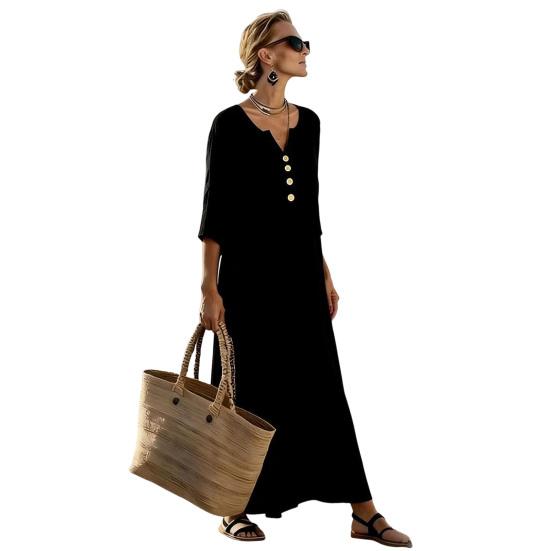 Loose Maxi Dress for Women,  3/4 Sleeve Button Up V Neck Casual Long Dress, Summer Flowy Beach Sundress