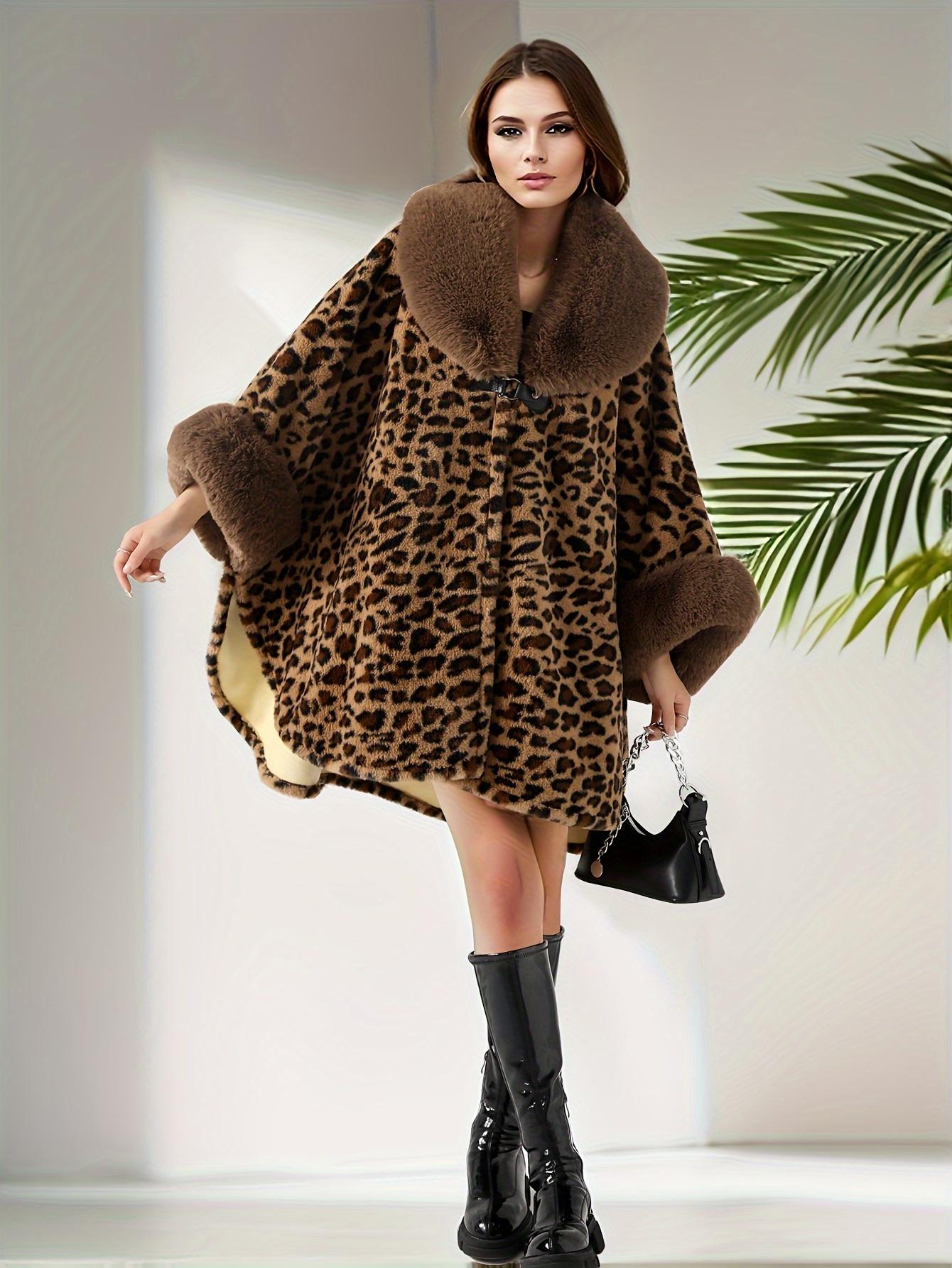 

Жіноча кругла шия зі штучного хутра кролика, зимова накидка, товстий теплий плащ із леопардовим принтом, рукавами «летюча миша», вільне пальто для вуличного одягу one-size хакі