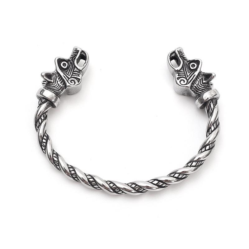 Nordic Viking Double Dog Head Cable Knit Stainless Steel Cuff Bracelet - European & American Style Men's Accessory