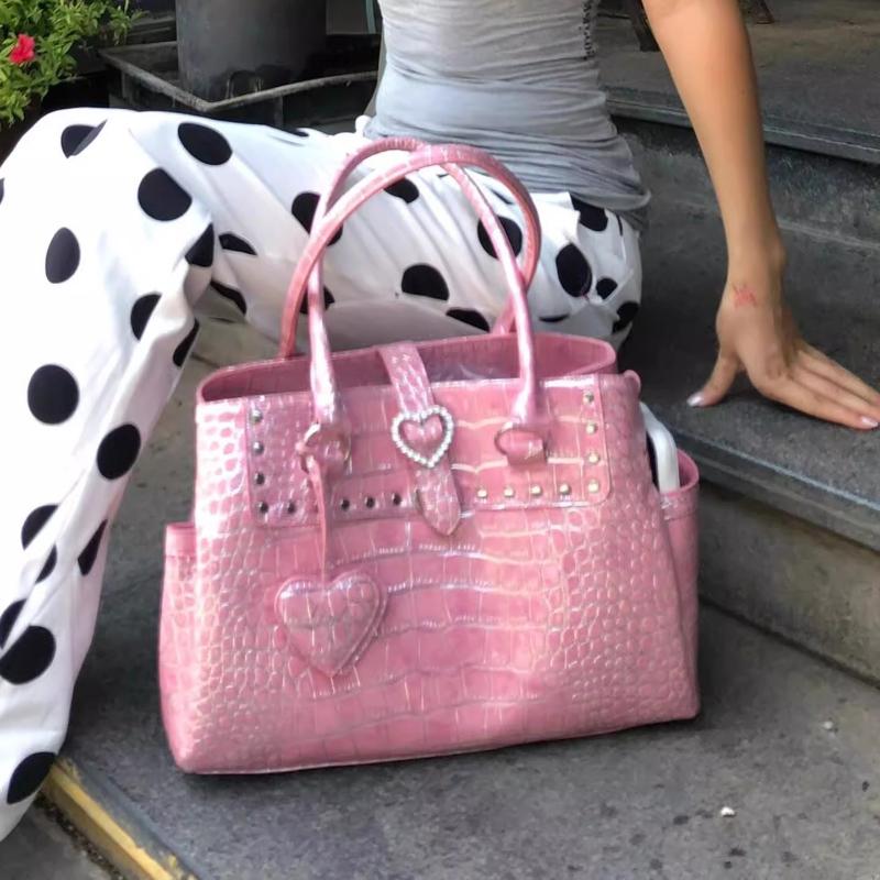 Light Luxury Crocodile-print Handbag For Girls Pink Heart Pattern Shoulder Bag Trendy High-grade Large Capacity Commuter Bag