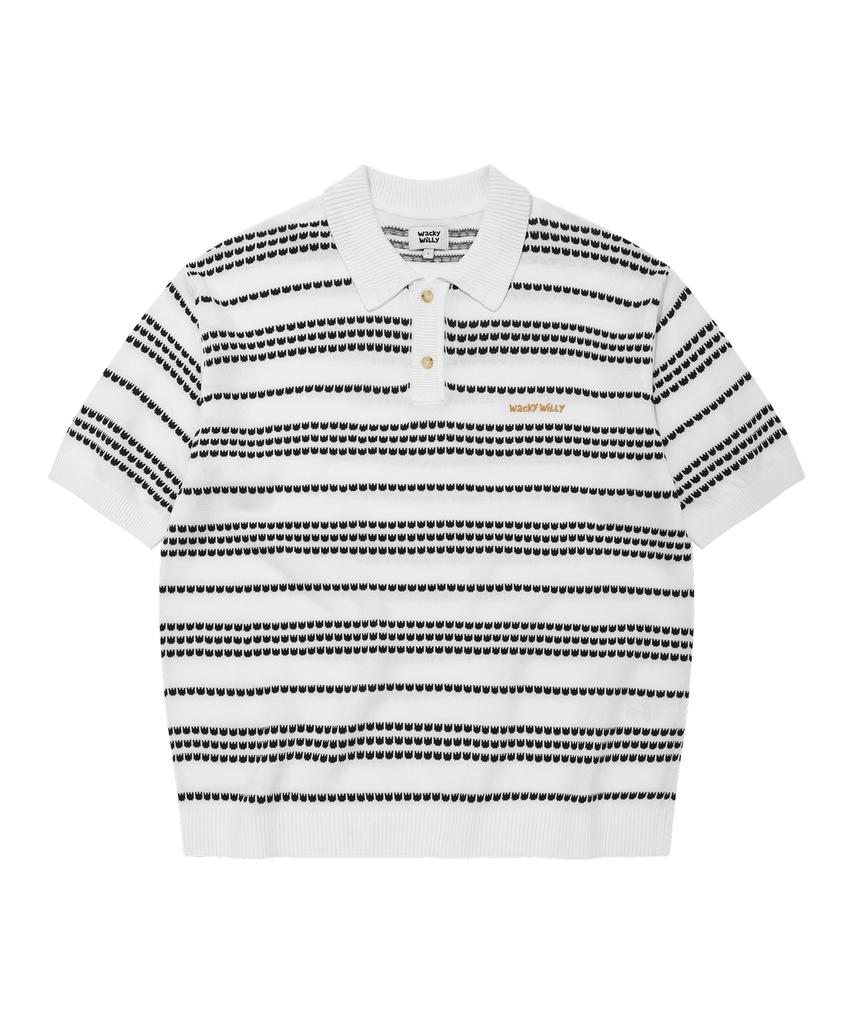 WACKY WILLY Basic Logo Striped Collar Sweater Cream
