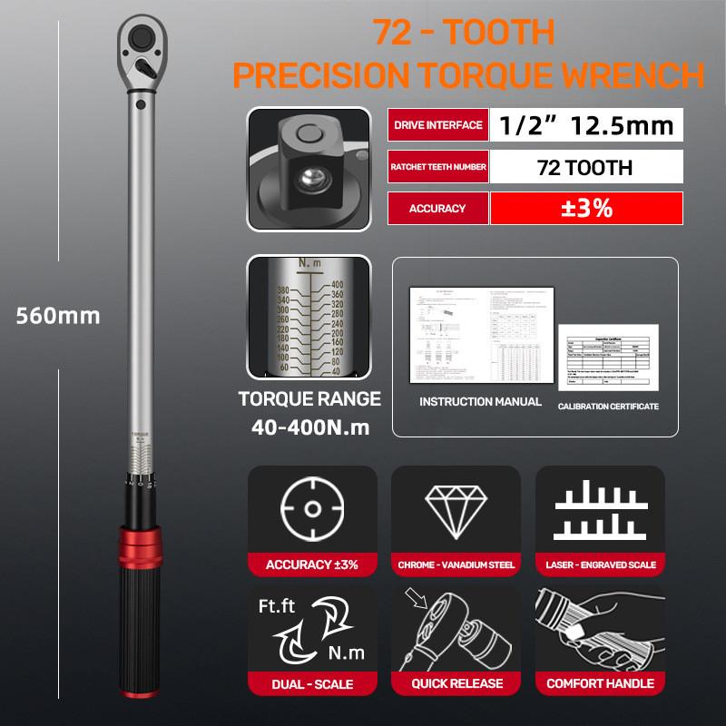 /4'' 3/8'' 1/2'' 1Industrial Dual-Direction Adjustable 72-Tooth Ratchet Handle Drive Click Torque Wrench Upgraded Torque Wrench