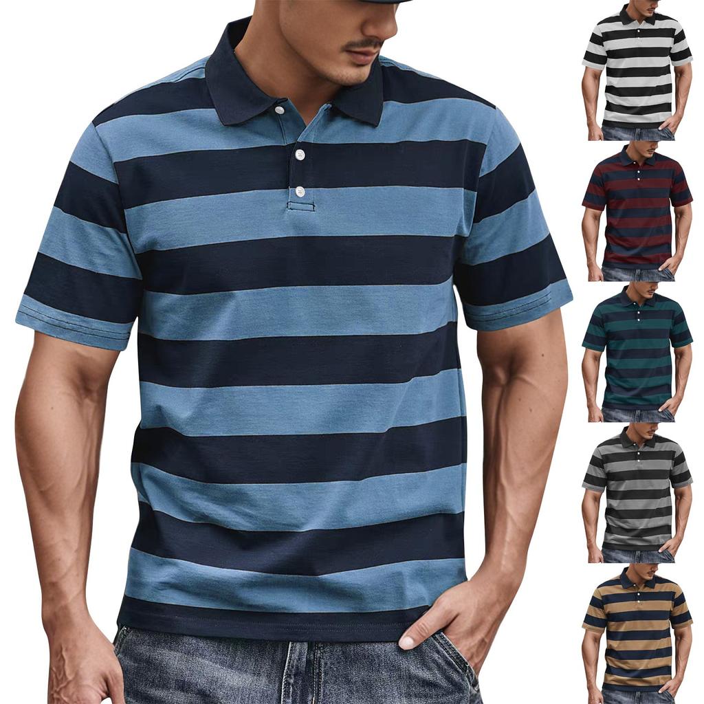 Men's Summer Stripe Print Button Lapel Loose Short Sleeve Top