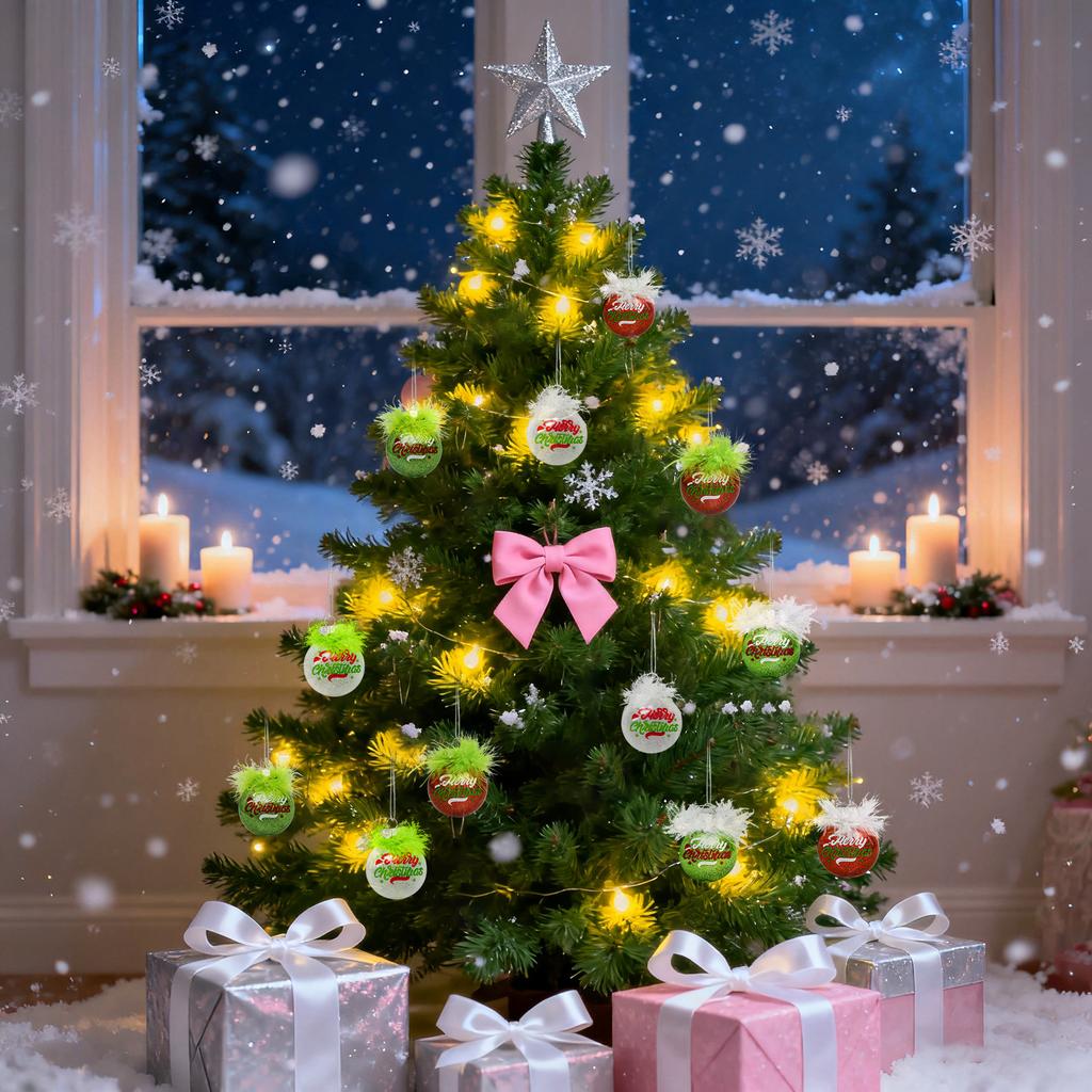 Pachet 12 bucăți de ornamente pentru pomul de Crăciun cu păr verde, elemente de decorațiuni drăguțe