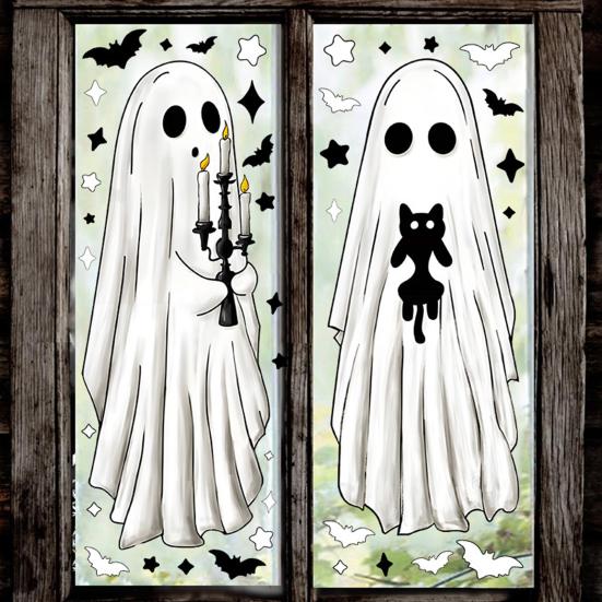 6 Sheets Halloween Large Ghosts Window Clings Spooky Bat Black Cat Pumpkin Stickers Double Sided PVC Decals for Home Party Store Glass Decoration