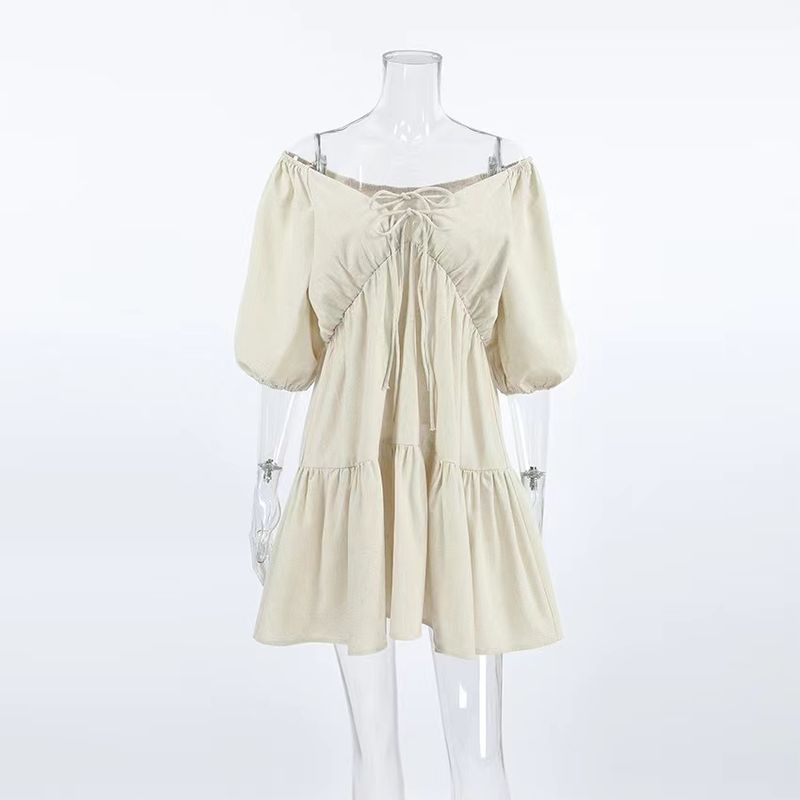 

Western Style New Summer Fashion Sexy V-neck Lace-up High Waist Dress V-Neck Lace up Dress Khaki M