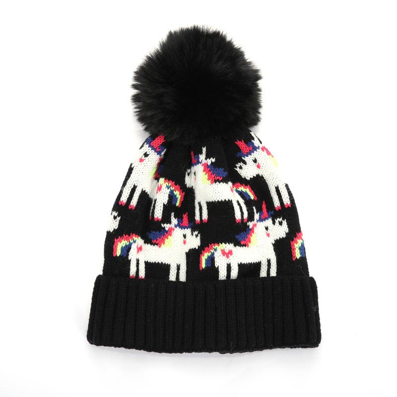 

Baby Children s Knitted Hat Autumn and Winter Warm Cold Hat Cute Cartoon Unicorn Wool Hat Children 50-52cm чорний