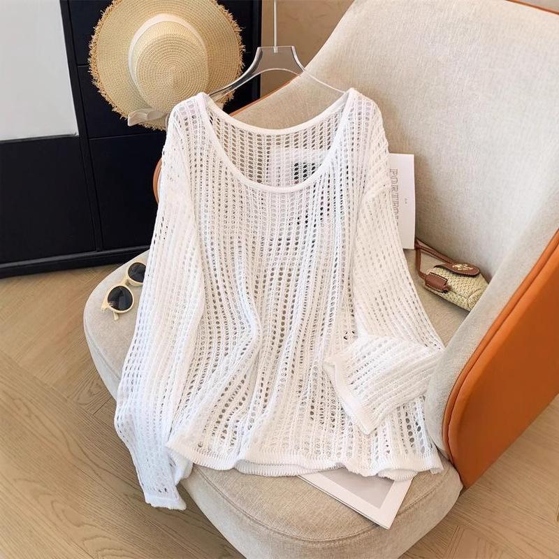 Female Summer Knit Hollow Loose Sunscreen Coverup Unique Round Neck Long Sleeve Pullover Top