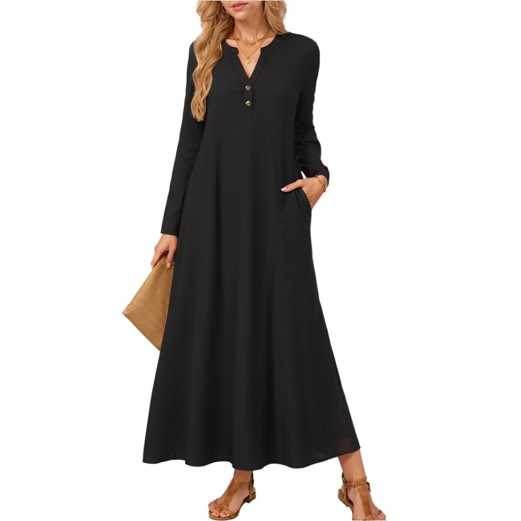 Women Solid-color Long-sleeved Comfortable Loose Dress, Elegant Dress