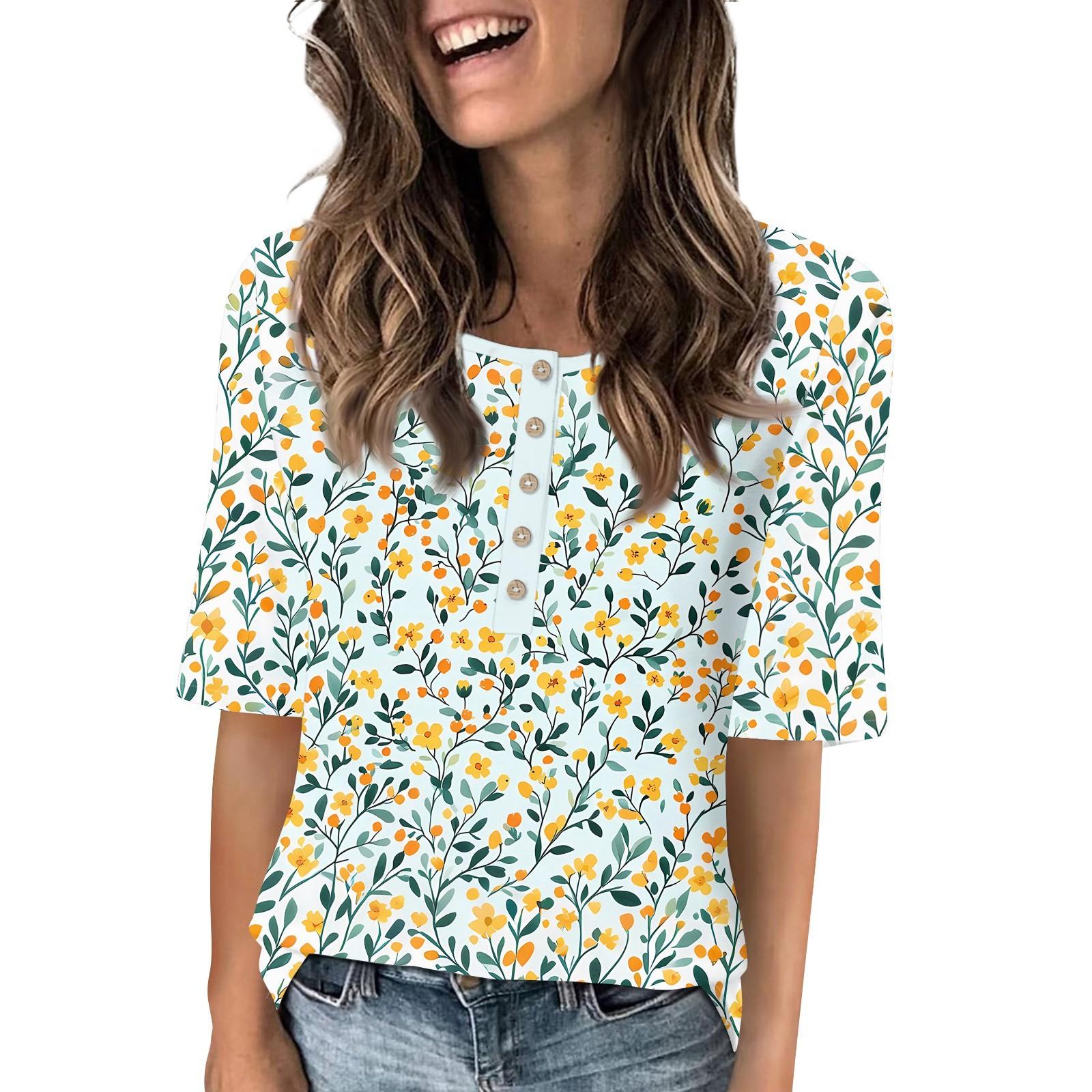 

Рубашки для женщин, модные футболки с круглым вырезом и пуговицами, блузки с принтом, топы с коротким рукавом для женщин XL жёлтый