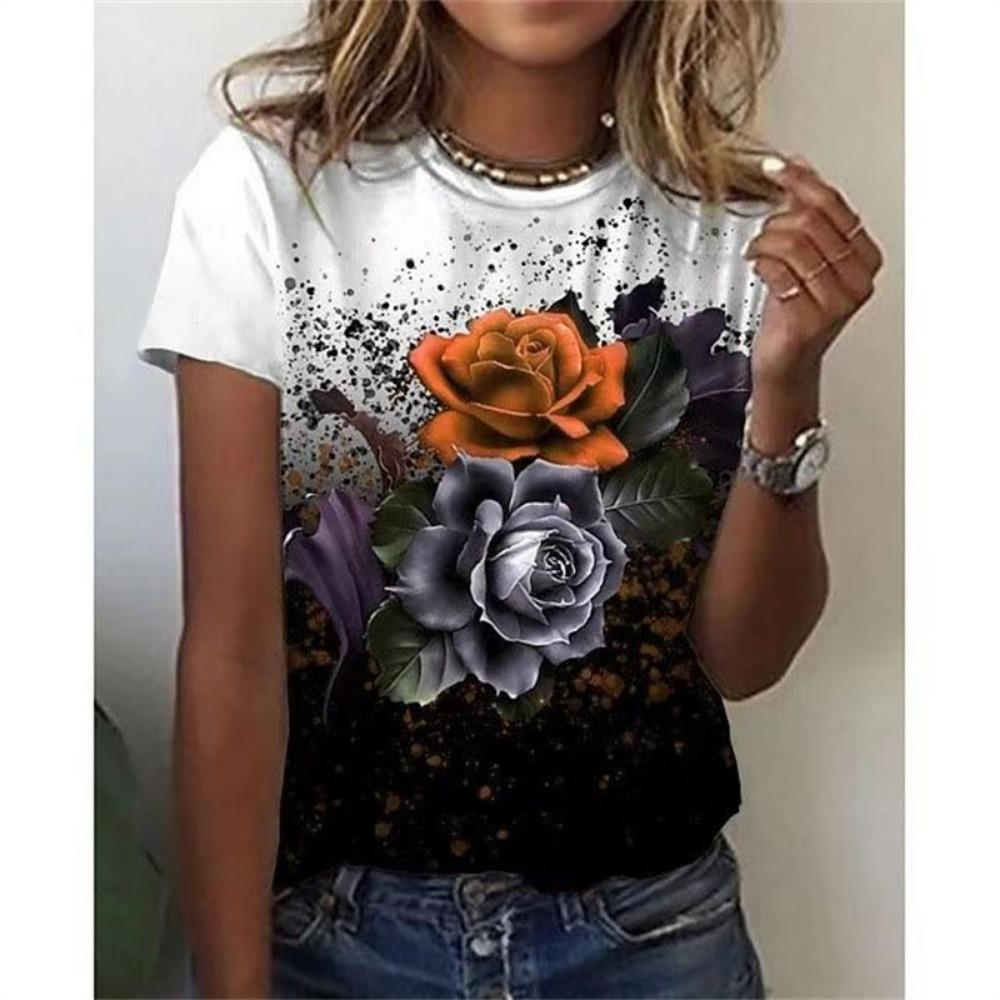 Farbenfrohes Damen-T-Shirt mit Aufdruck, 3D-gedrucktes Sommer-Mode-T-Shirt, Kurzärmeliges Rundhals-Top mit Pflanzenmustern